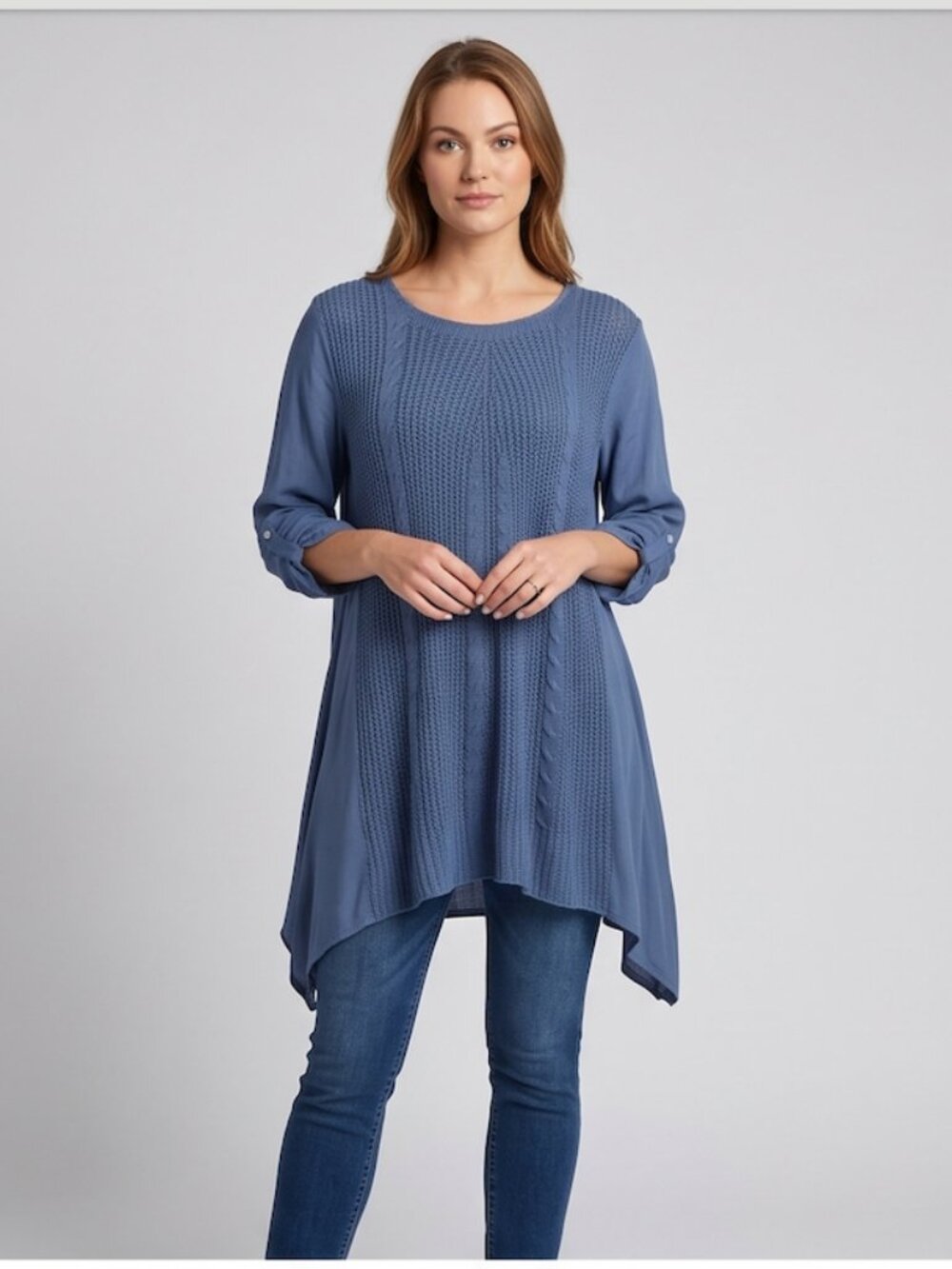Blue Cable Knit Panel Tunic Shirt | Loose Fit Asymmetric Flowy Top |